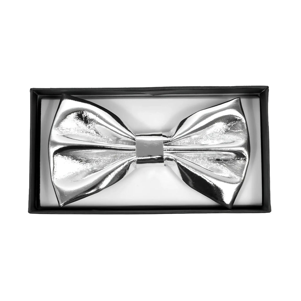 Silver metallic bow tie with a shiny reflective finish ideal for formal events and stylish occasions
