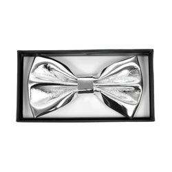 Silver metallic bow tie with a shiny reflective finish ideal for formal events and stylish occasions