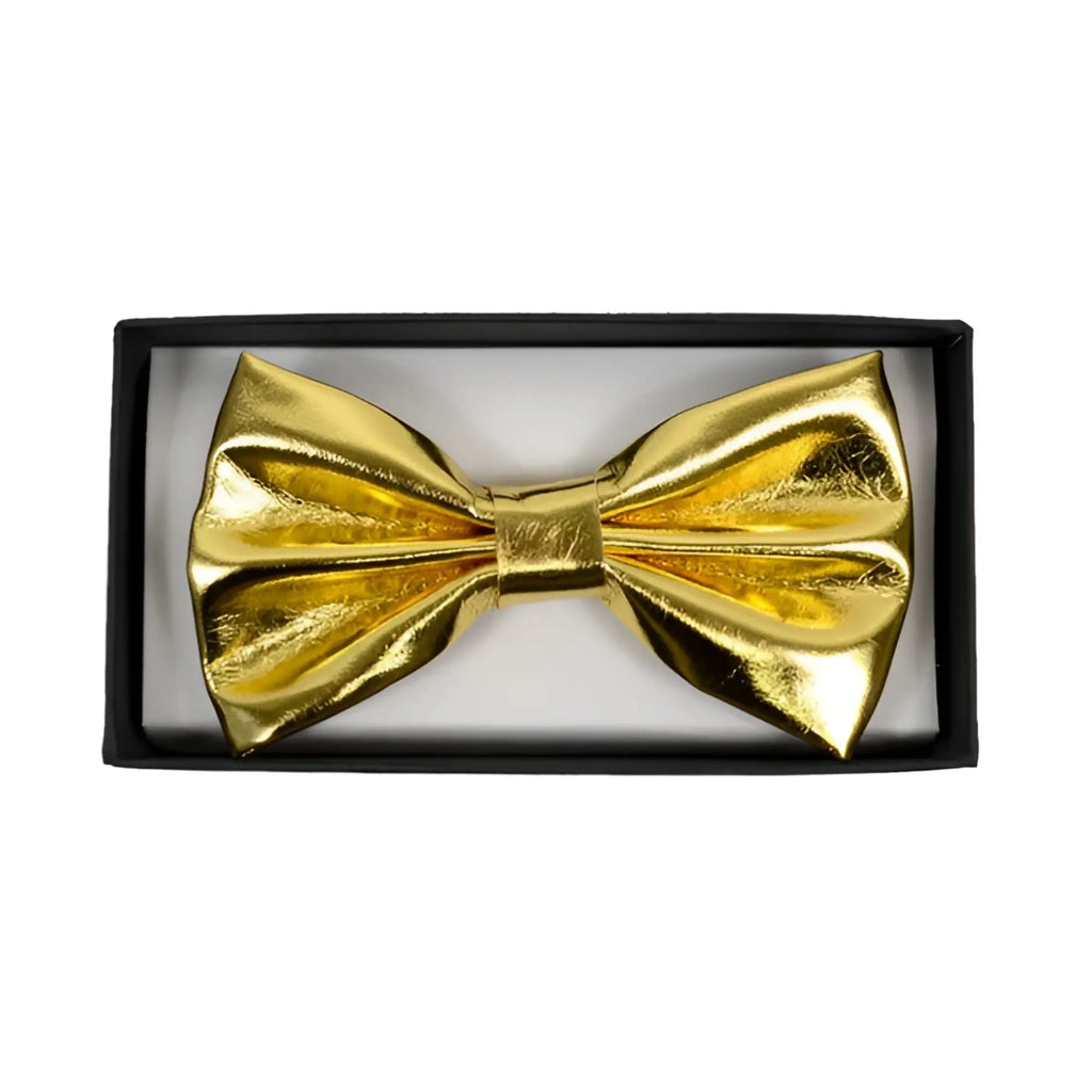 A shiny gold metallic bow tie with a polished finish displayed in a black gift box for formal wear