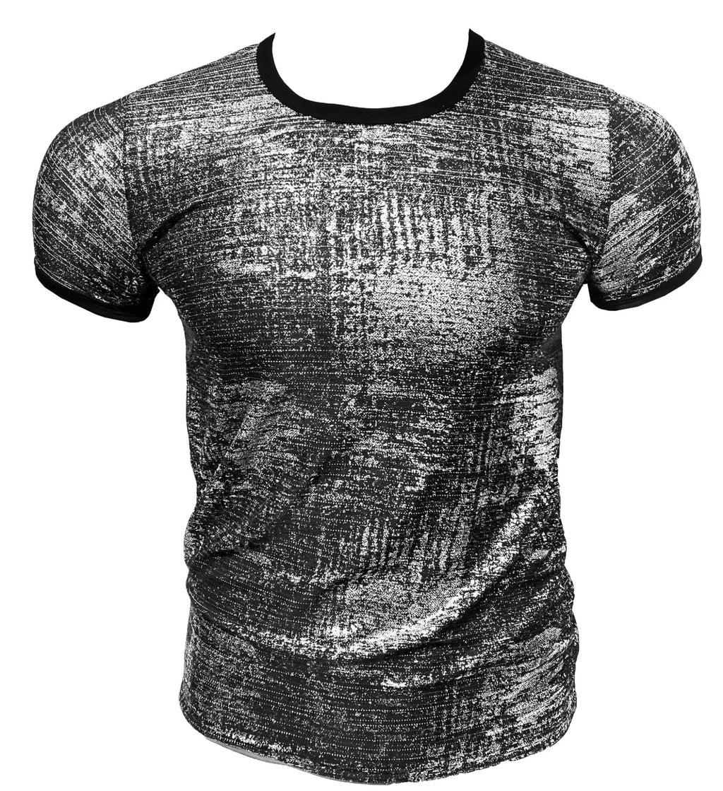 Silver Leaf Tee black and silver textured short-sleeve t-shirt with contrasting black ribbed neckline and cuffs