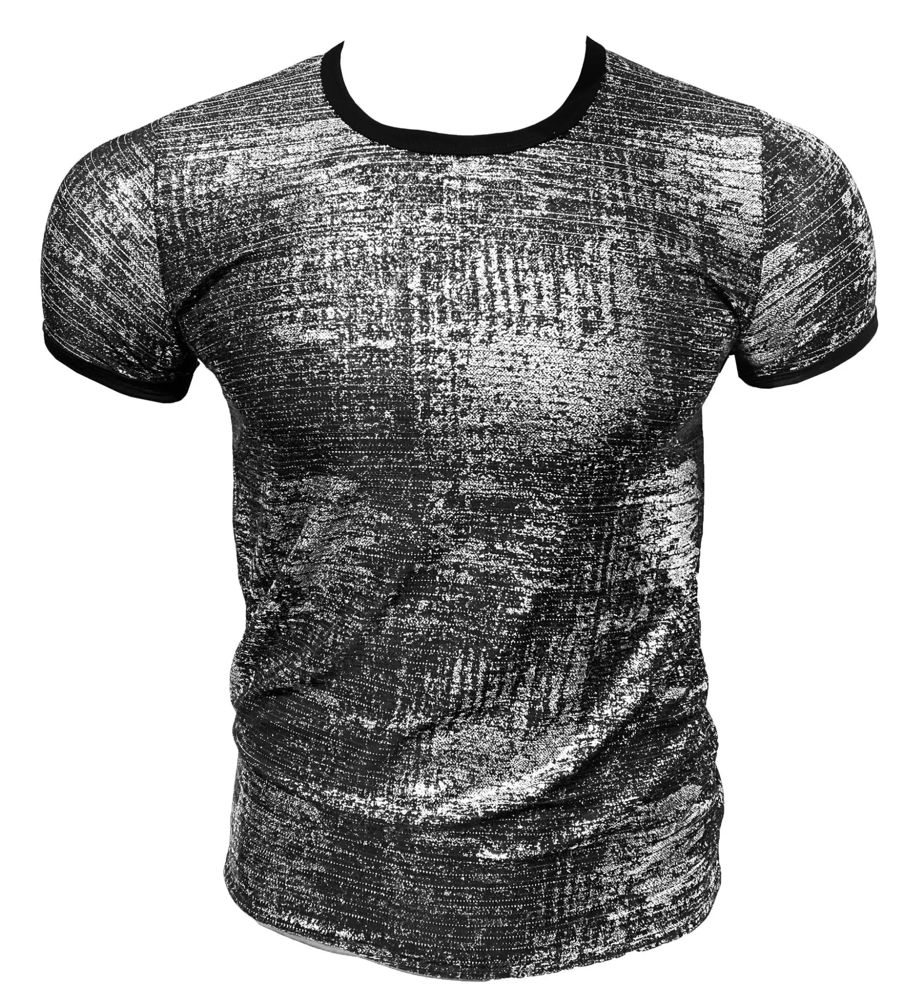 Silver Leaf Tee black and silver textured short-sleeve t-shirt with contrasting black ribbed neckline and cuffs