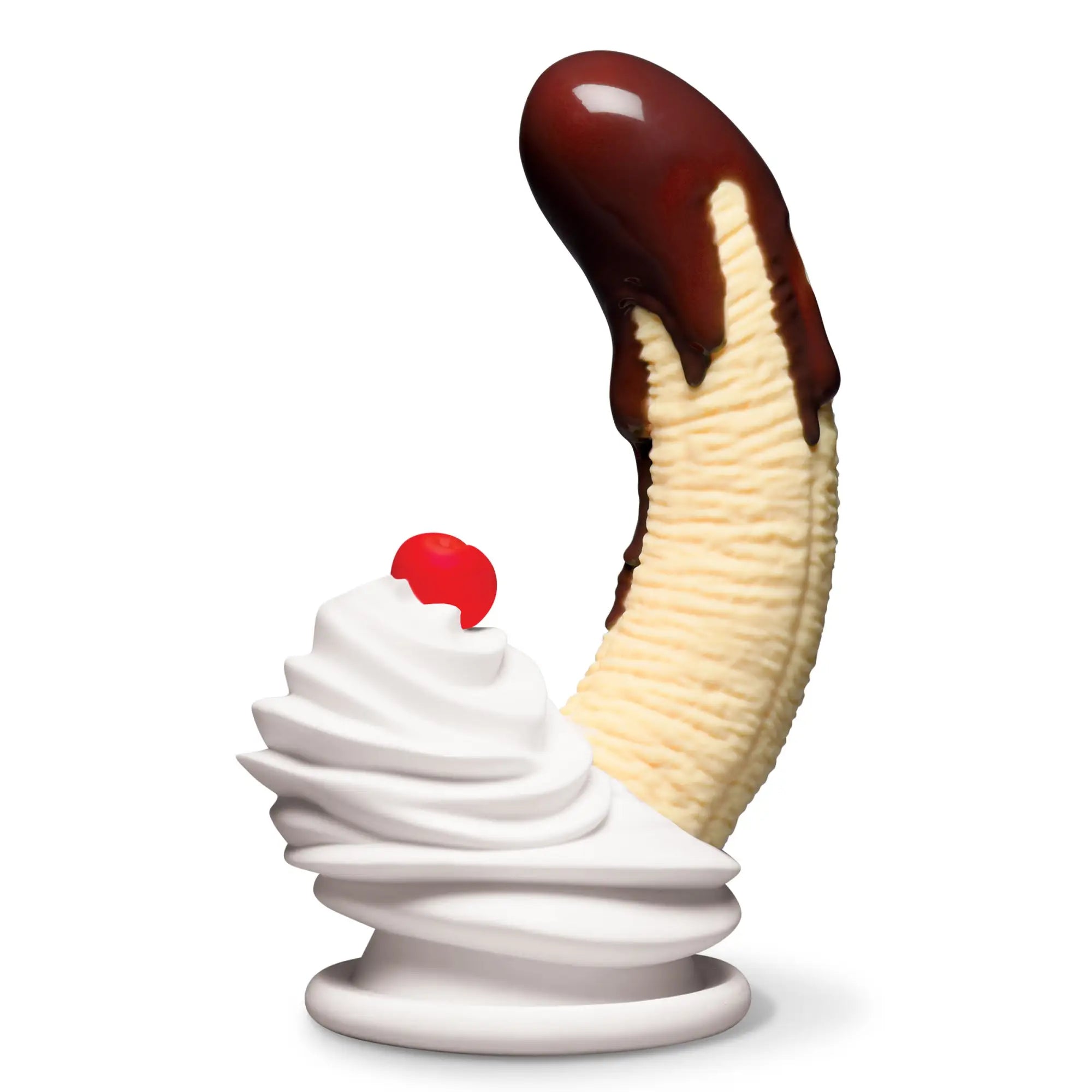 Simply Sweet Chocolate Dipped Banana Split dildo: a beige, banana-shaped toy with chocolate glaze and whipped cream base.