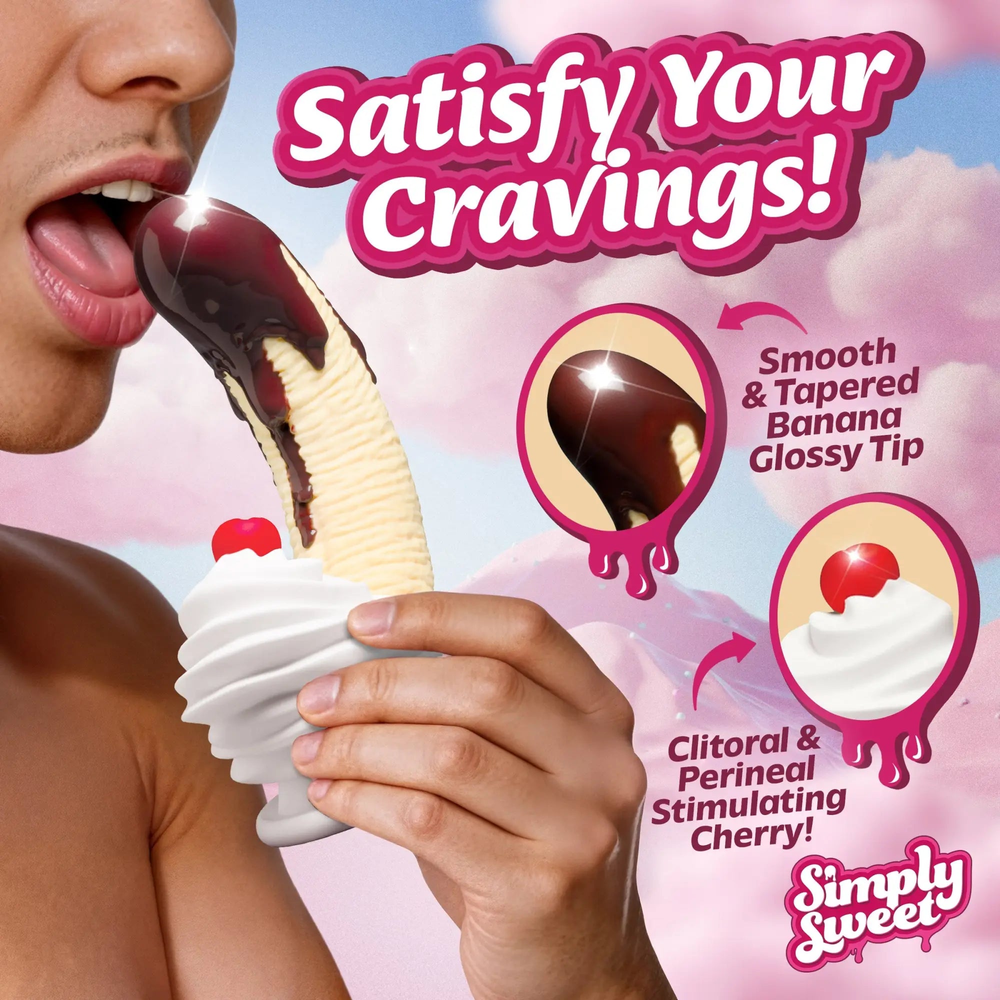 Simply Sweet Chocolate Dipped Banana Split silicone dildo. Features a chocolate-dipped banana design with cherry base.