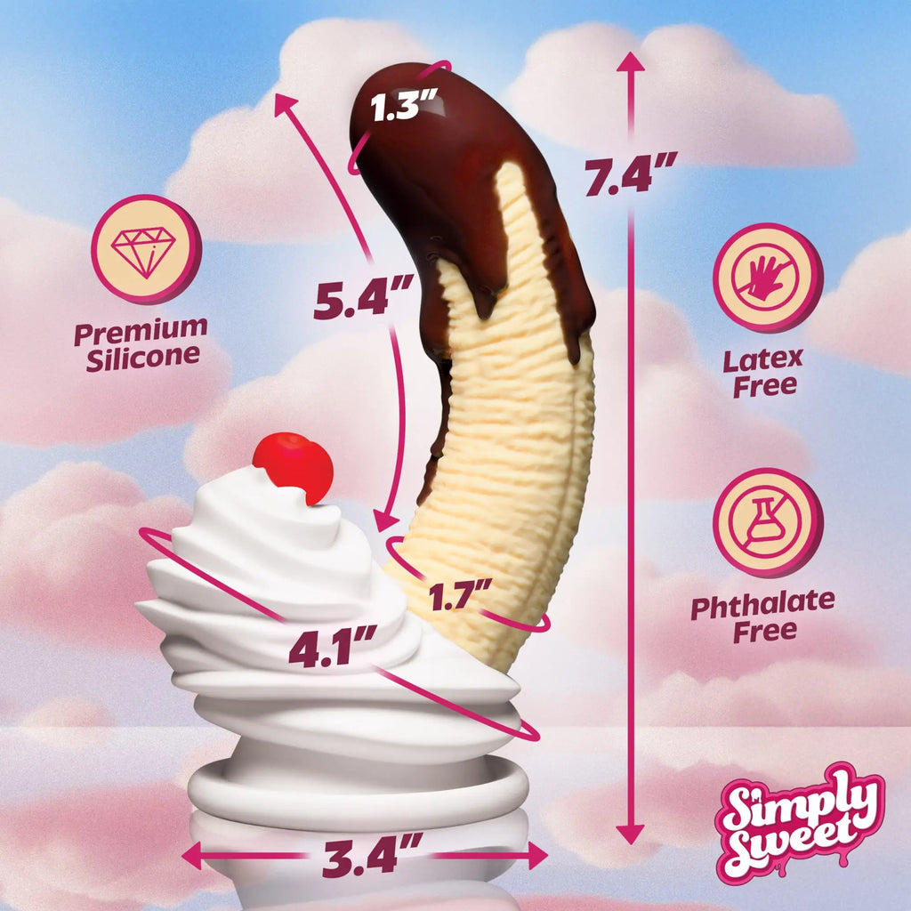 Simply Sweet chocolate-dipped banana split dildo. Textured cream base with chocolate tip and red cherry, with dimensions.