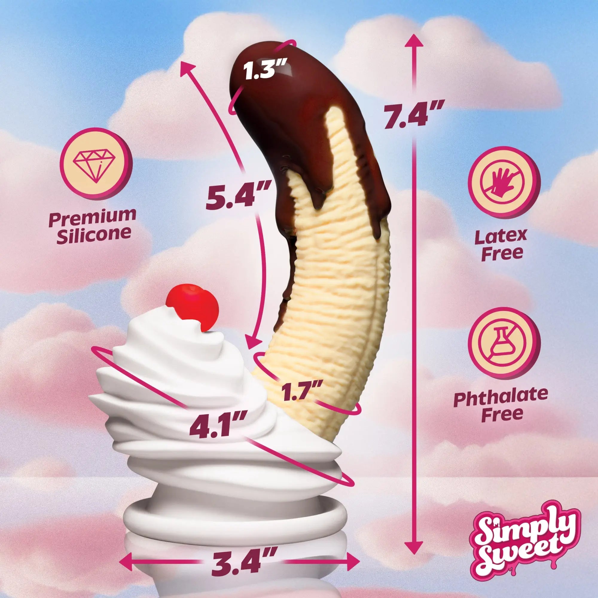 Simply Sweet chocolate-dipped banana split dildo. Textured cream base with chocolate tip and red cherry, with dimensions.