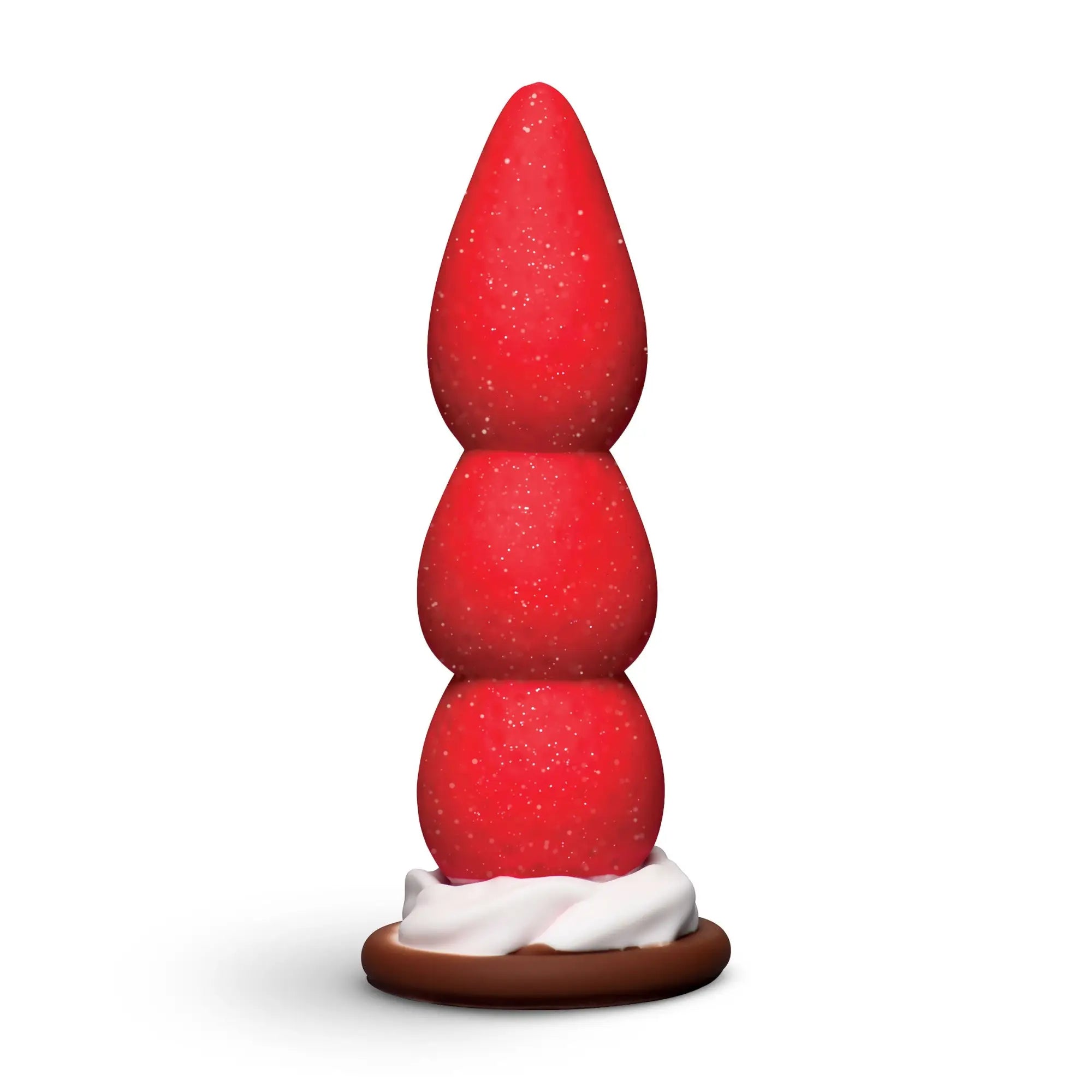 Simply Sweet Strawberry Sweet Cream silicone dildo: a stack of three glittery red spheres on a cream and brown base.