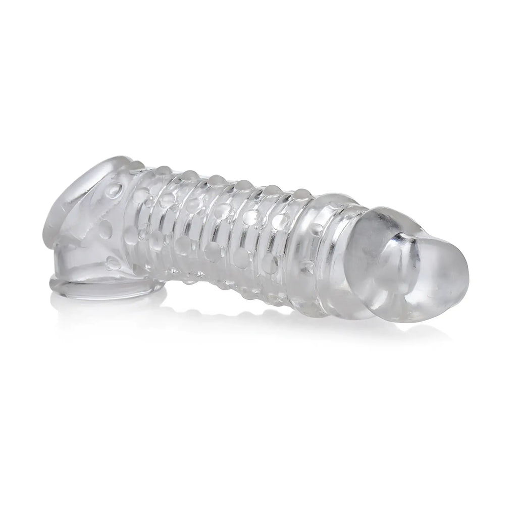 Size Matters 1.5 Inch Penis Enhancer Sleeve: clear, ribbed, textured silicone enhancer on a white background.