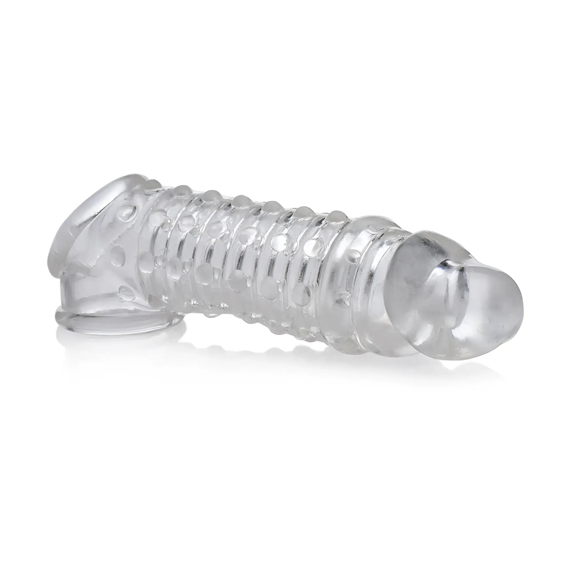 Size Matters 1.5 Inch Penis Enhancer Sleeve: clear, ribbed, textured silicone enhancer on a white background.