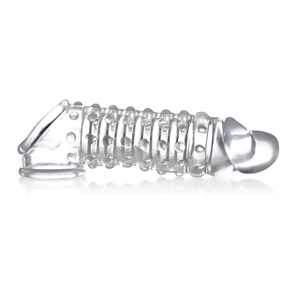Size Matters 1.5 Inch clear, textured penis enhancer sleeve with a ring base, shown horizontally against a white background.