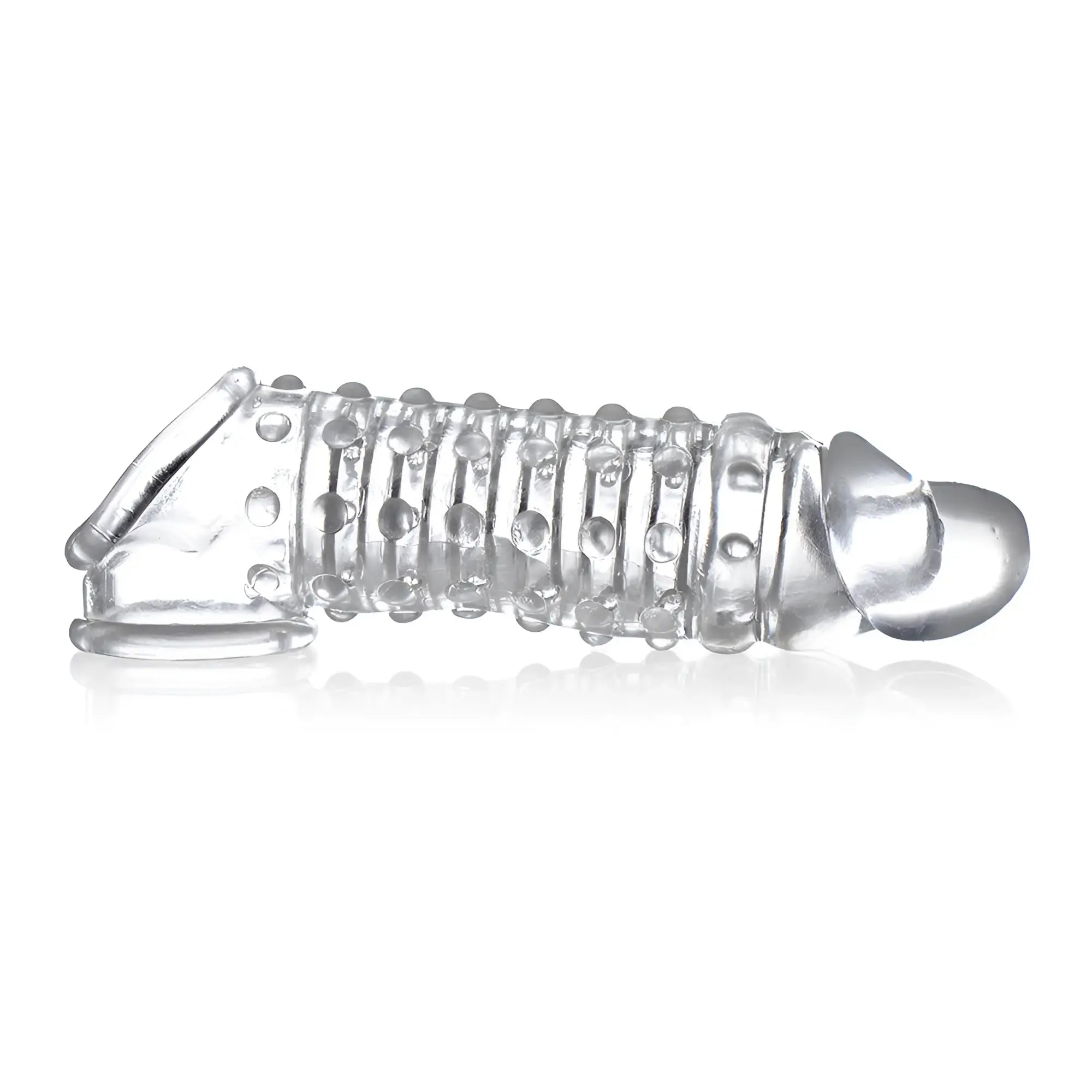 Size Matters 1.5 Inch clear, textured penis enhancer sleeve with a ring base, shown horizontally against a white background.