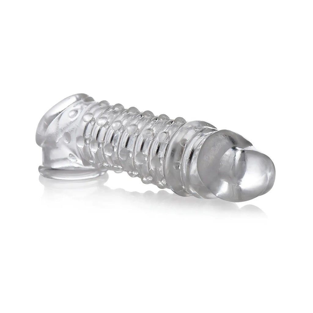 Size Matters 1.5 Inch clear, textured penis enhancer sleeve with ribbed design on a white background.