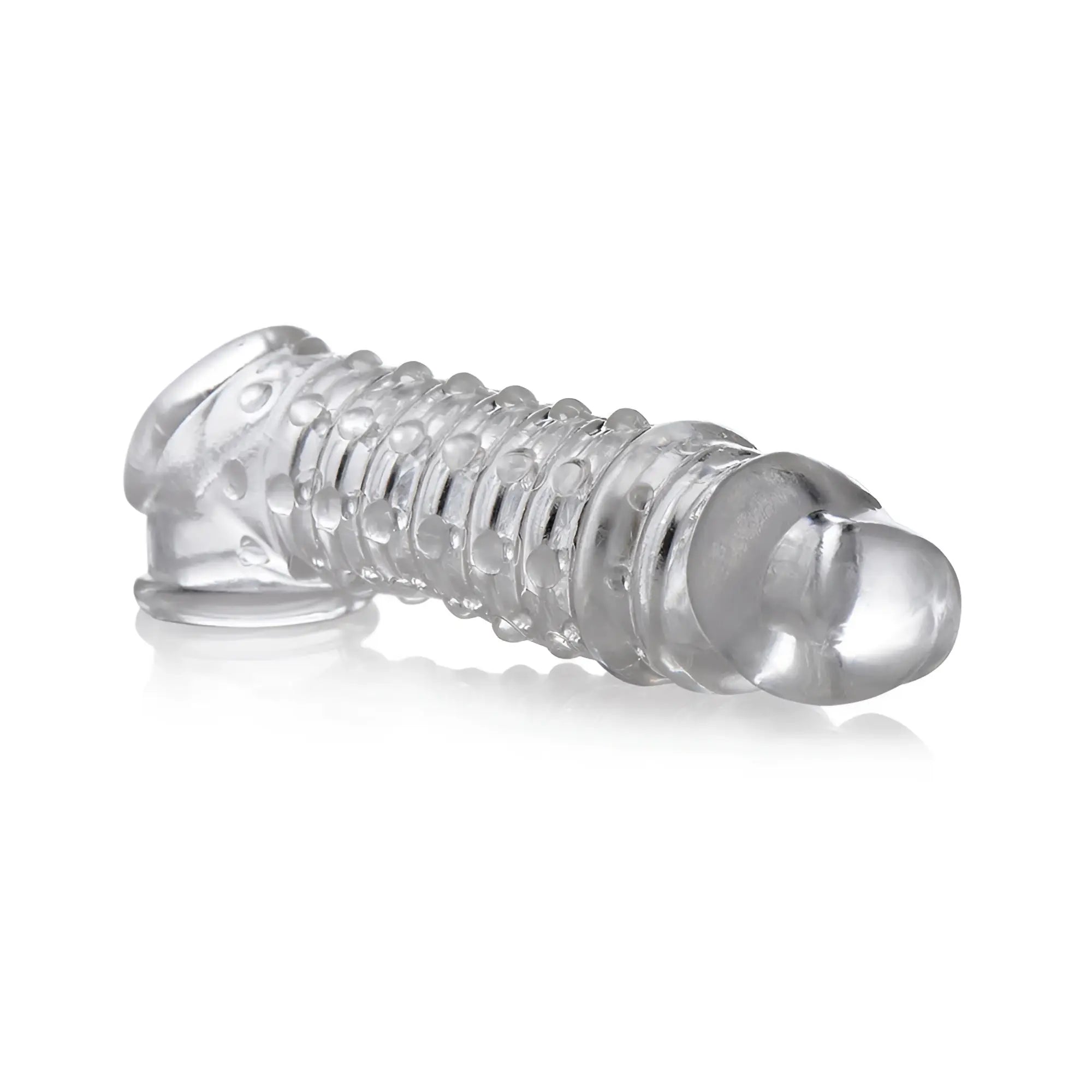 Size Matters 1.5 Inch clear, textured penis enhancer sleeve with ribbed design on a white background.
