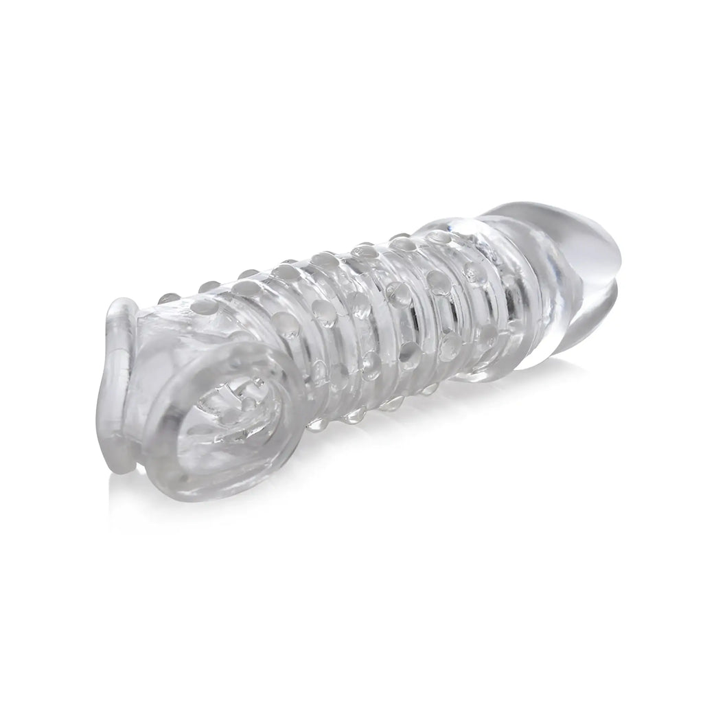 Size Matters 1.5 Inch clear, ribbed, and beaded textured penis enhancer sleeve isolated on a white background.