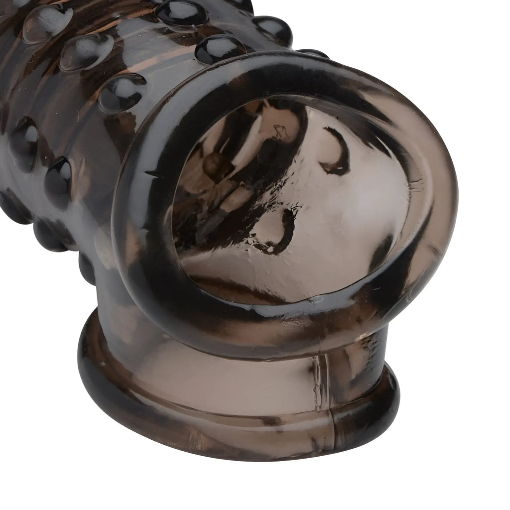 Size Matters 1.5 Inch translucent black, textured penis enhancer sleeve with a ring base.
