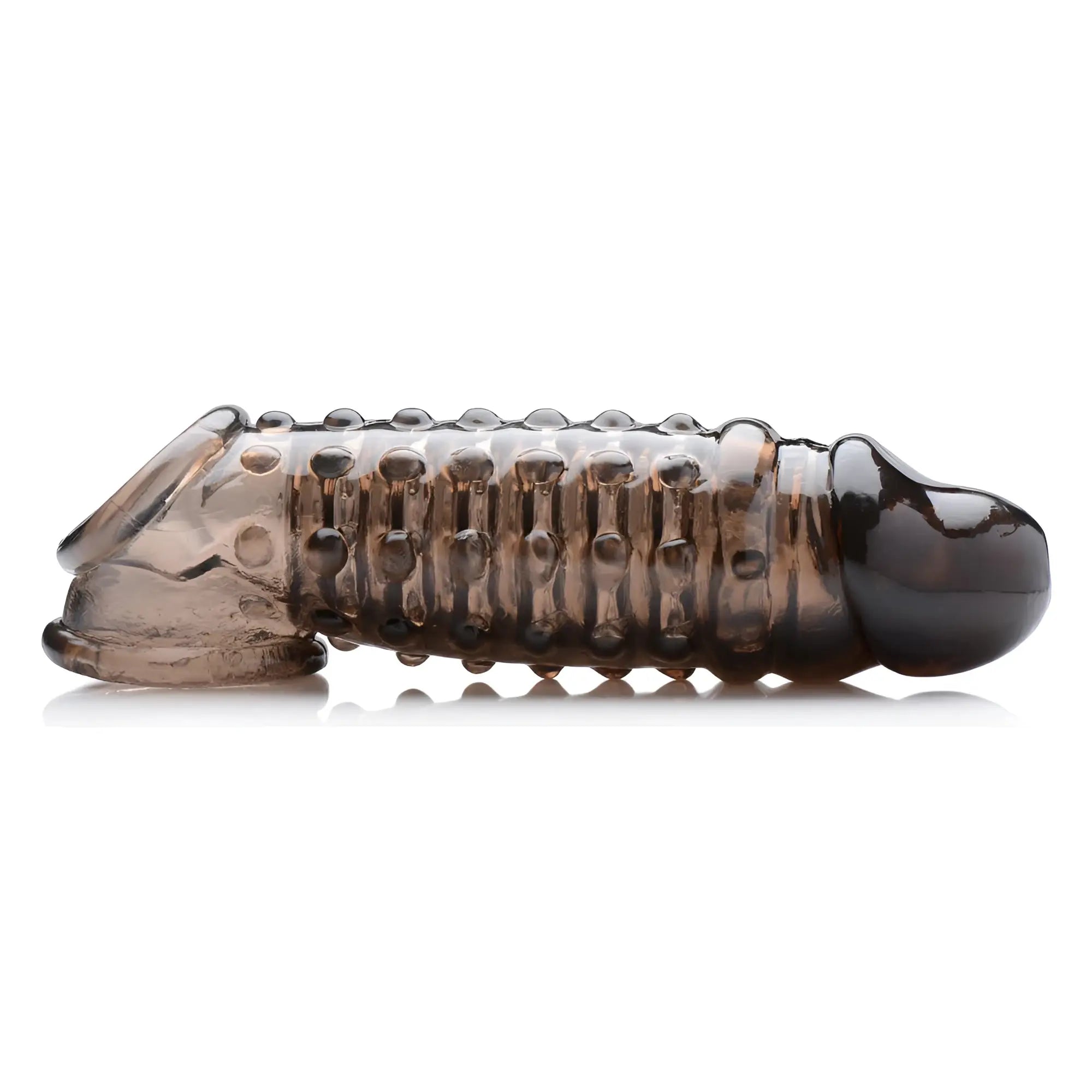 Size Matters 1.5-inch translucent black textured penis enhancer sleeve with raised bumps, shown on a white background.