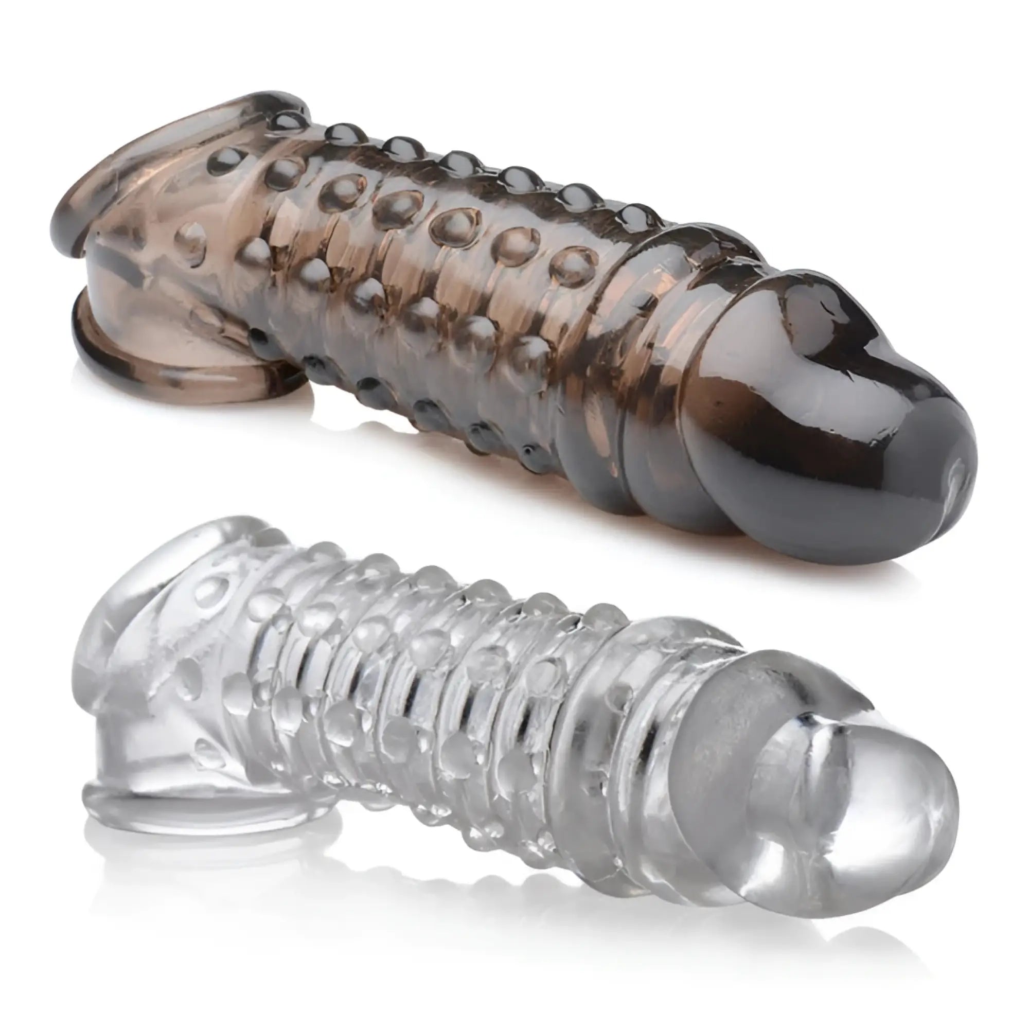 Size Matters 1.5-inch textured, translucent black and clear silicone penis enhancer sleeves on a white background.