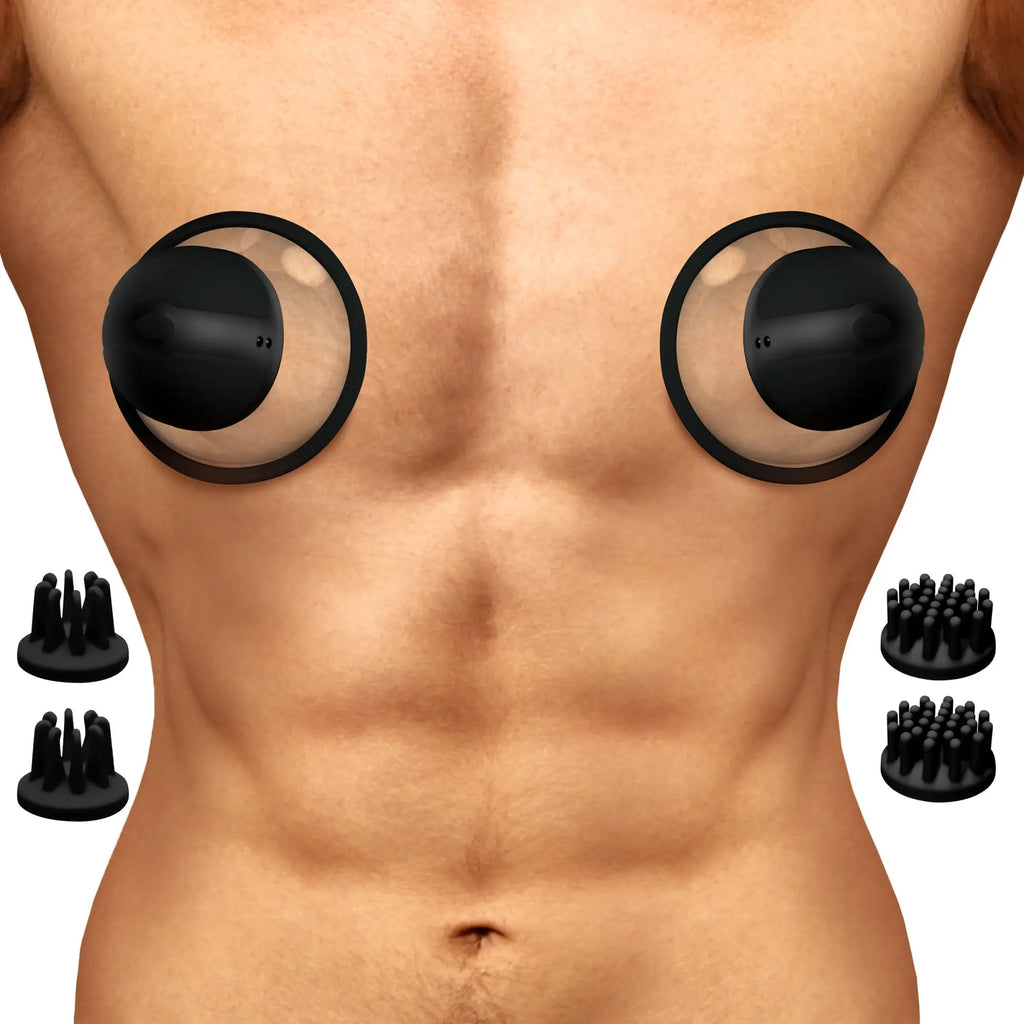 Size Matters 10X rotating nipple suckers featuring black suction cups on chest with four distinct textured attachments.