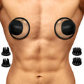 Size Matters 10X rotating nipple suckers featuring black suction cups on chest with four distinct textured attachments.