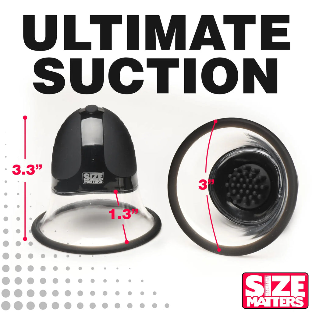 Size Matters 10X Rotating Nipple Suckers in black and clear, shown with dimension labels and textured interior.