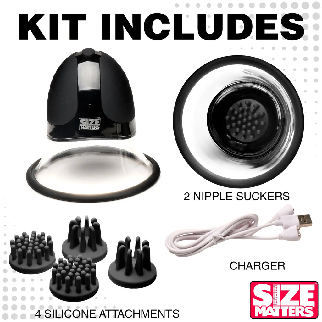 Size Matters 10X Rotating Nipple Suckers kit with two suction cups, four textured silicone attachments, and a USB charger.
