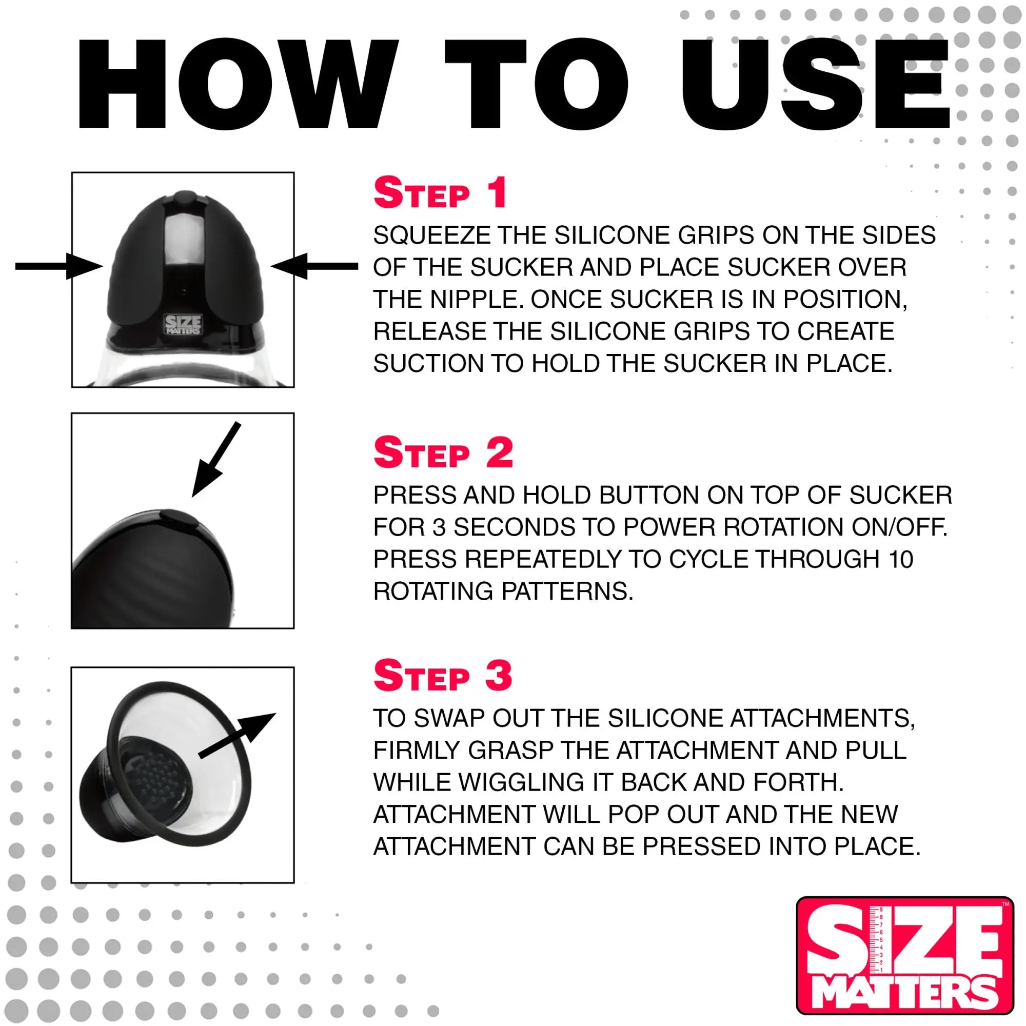 Size Matters 10X Rotating Nipple Suckers instruction graphic showing steps for attachment, rotation, and replacement.