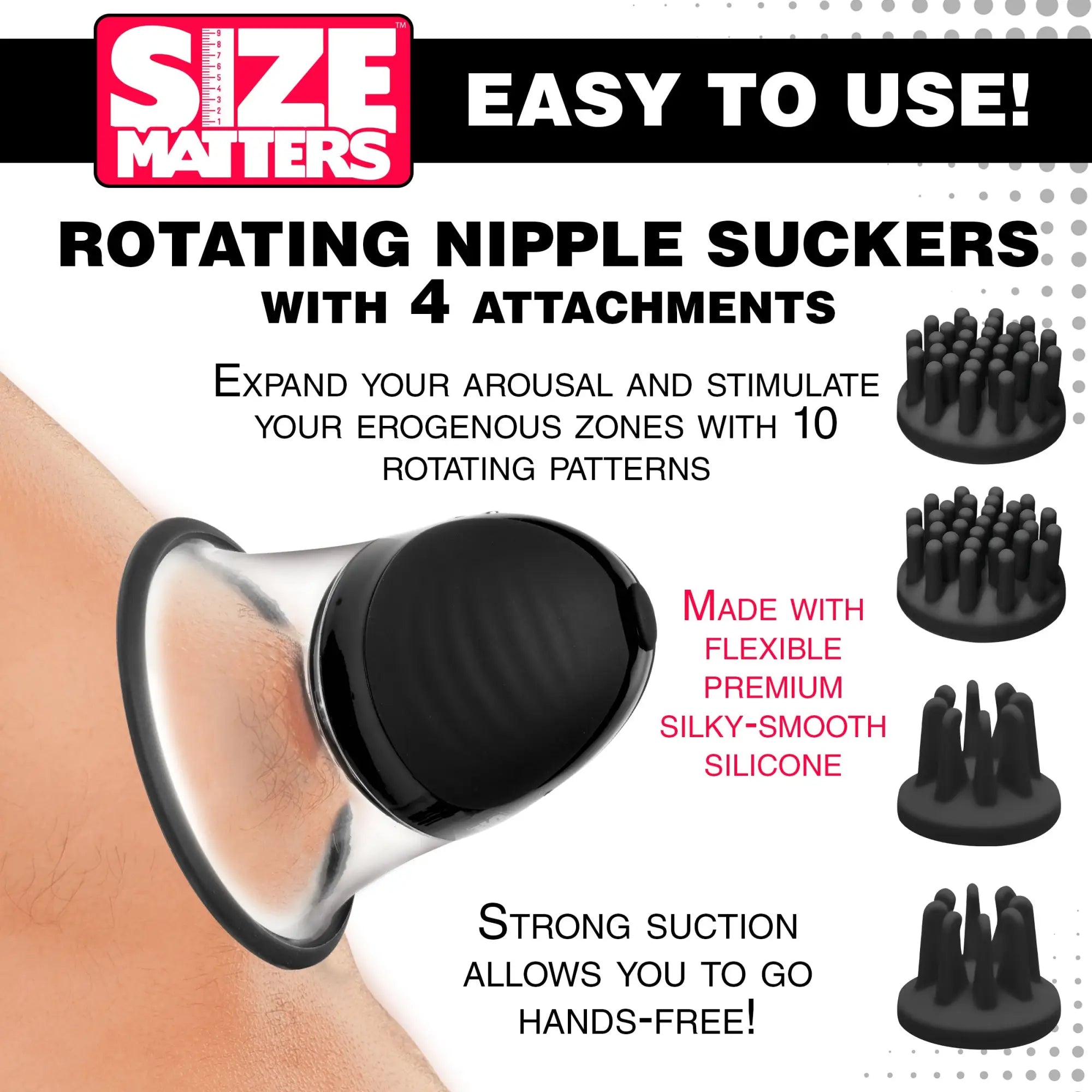 Size Matters 10X Rotating Nipple Suckers featuring a black and clear device with four black silicone attachments.