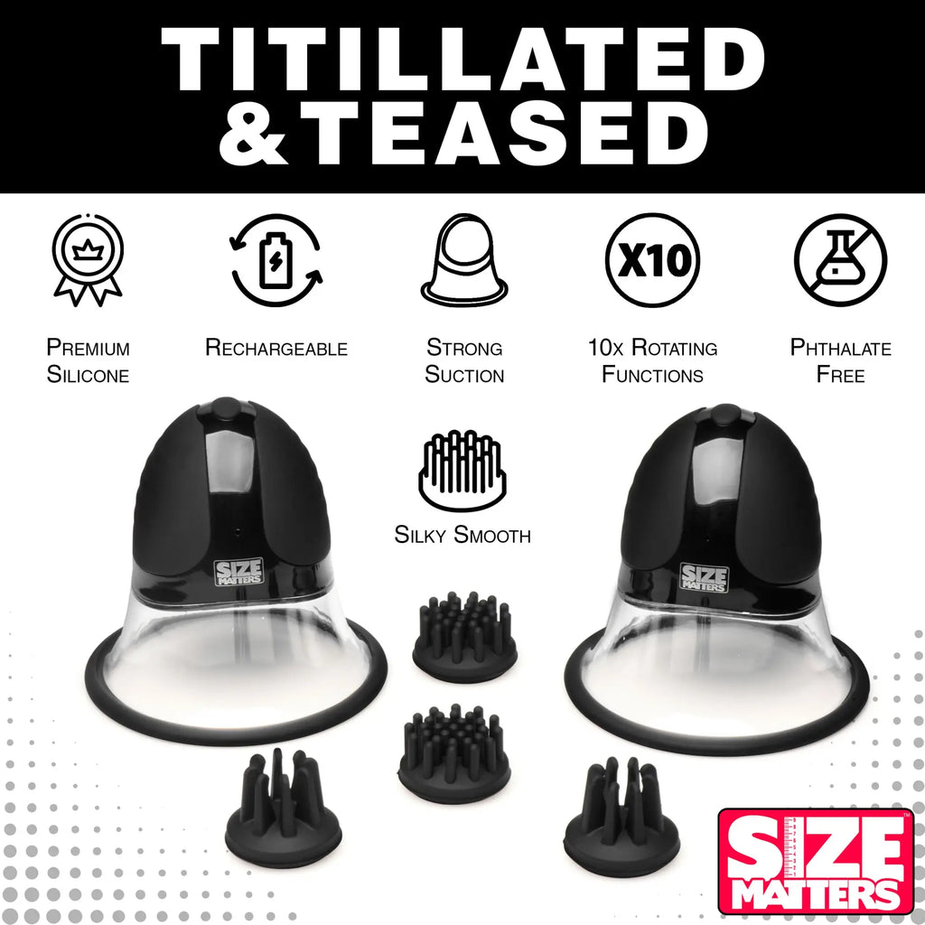 Size Matters 10X Rotating Nipple Suckers featuring two black suction devices and four interchangeable silicone attachments.