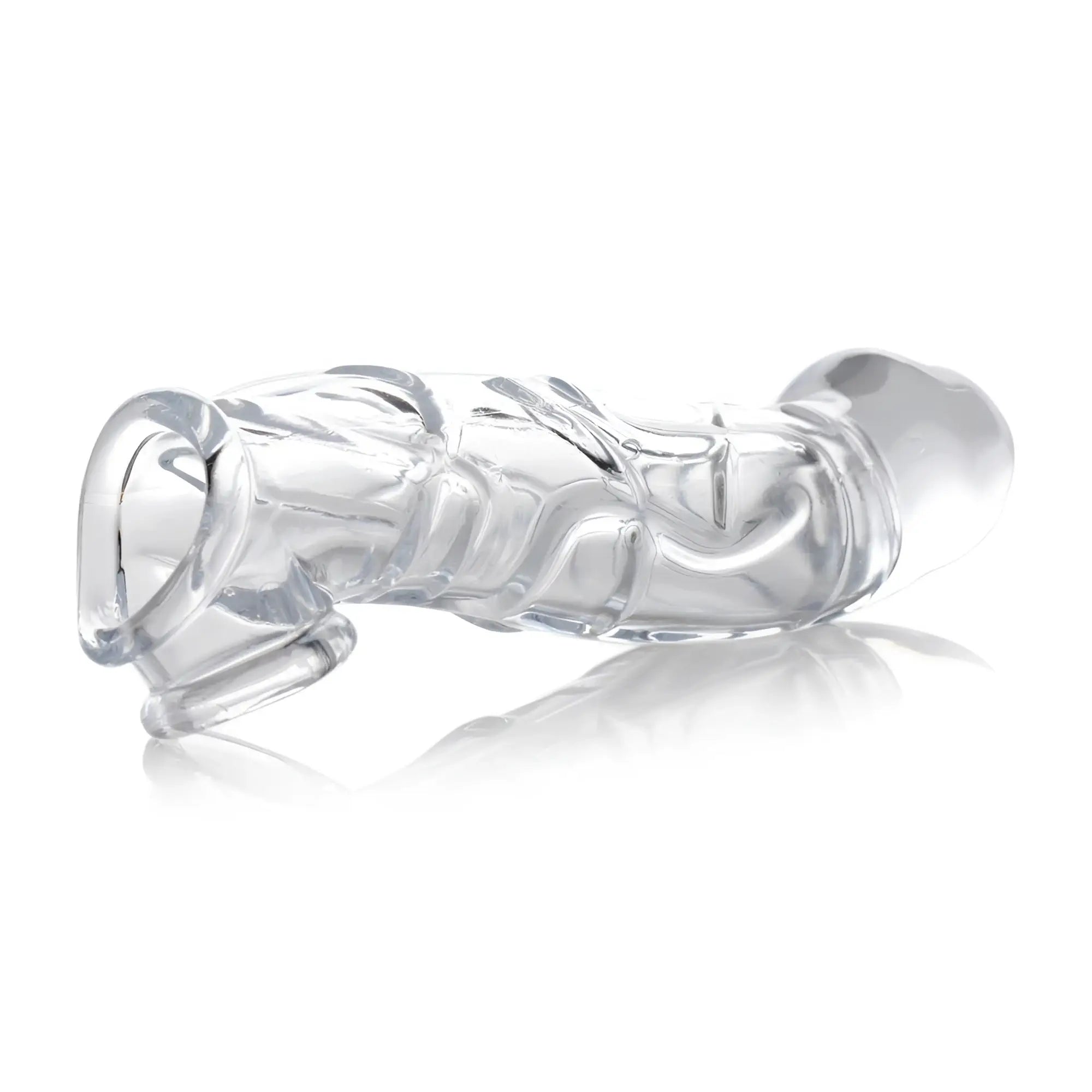 Size Matters 2-Inch Clear Extender Sleeve: A transparent, textured phallic sleeve with a bulbous tip, set on white.