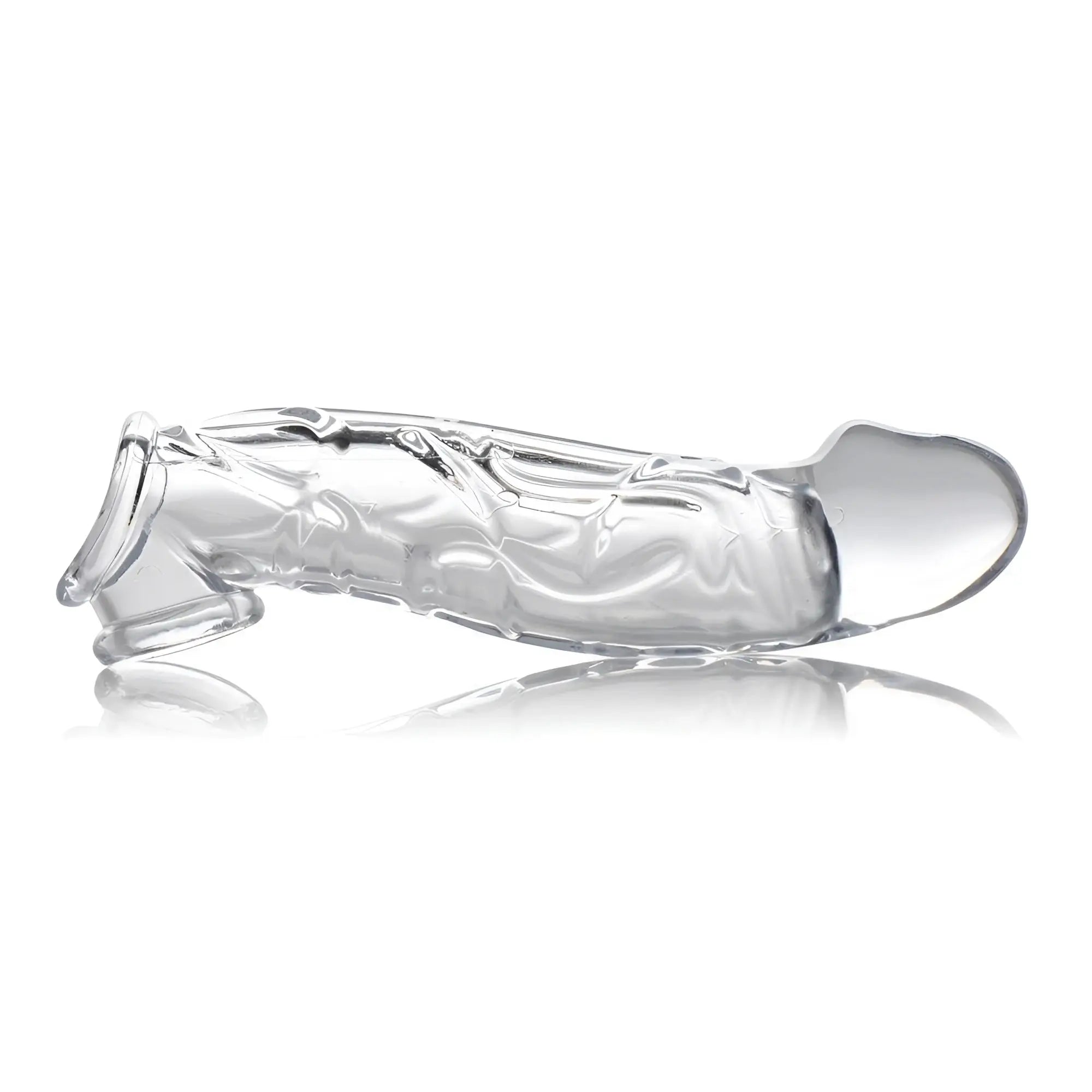 Size Matters 2 Inch Clear Extender Sleeve: a transparent, textured, phallic-shaped silicone sleeve on a white background.