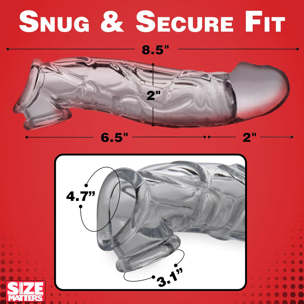Size Matters 2 Inch Clear Extender Sleeve with measurements shown on a red background.