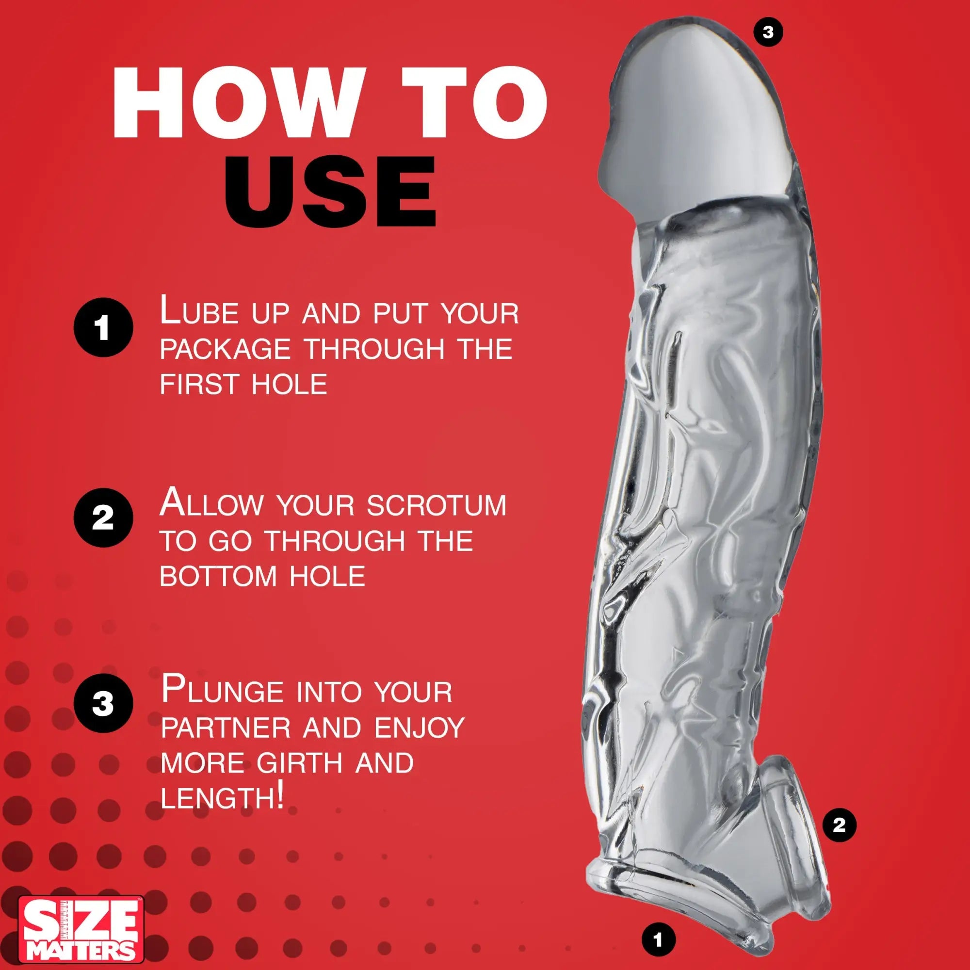 Size Matters 2-Inch Clear Extender Sleeve on a red background with numbered instructions for use.