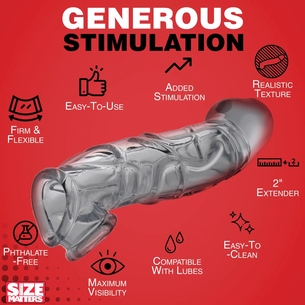 Size Matters 2 Inch Clear Extender Sleeve: A textured, translucent silicone sleeve on a bright red background.
