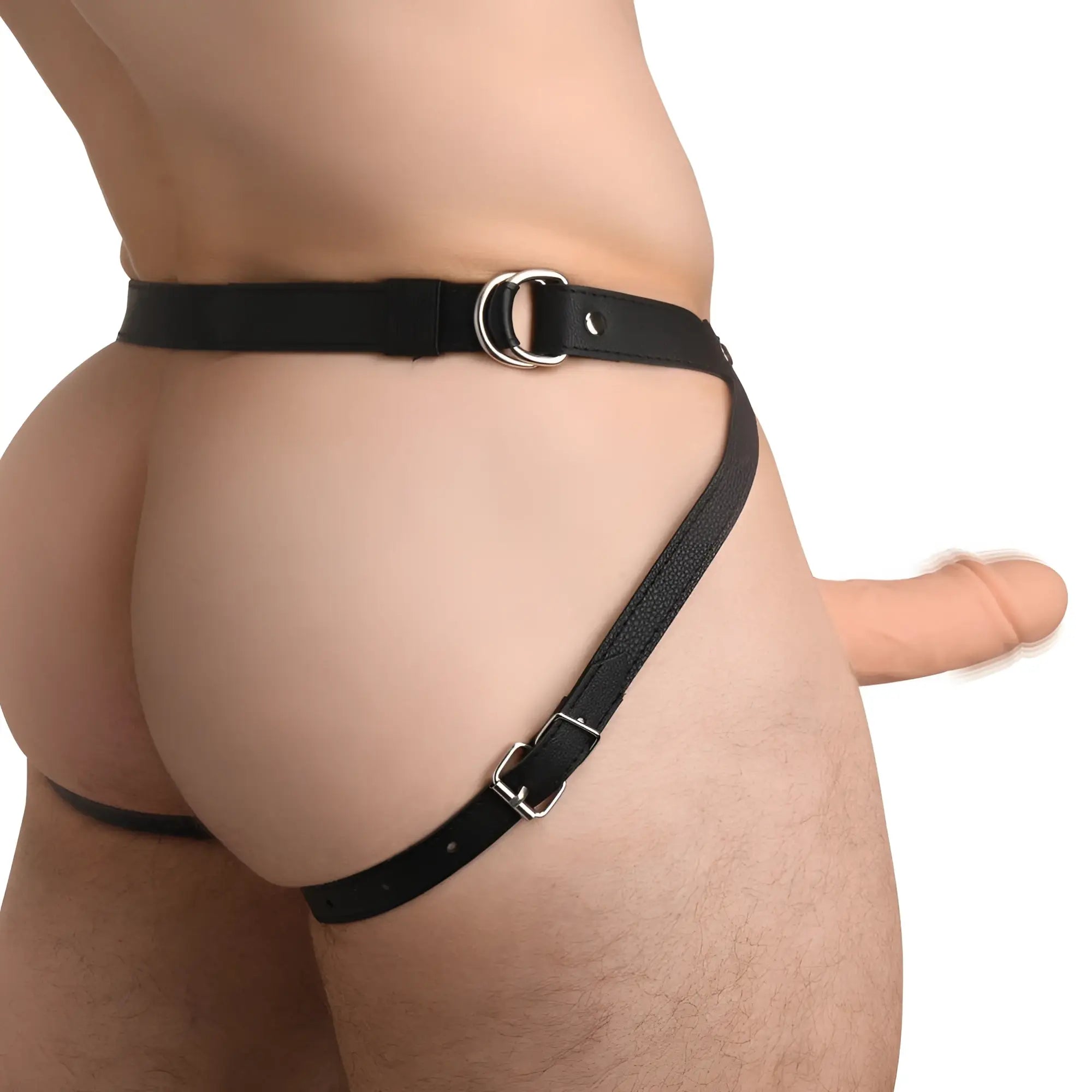 Size Matters realistic silicone penis sheath worn with a black buckled harness, shown from a side perspective.