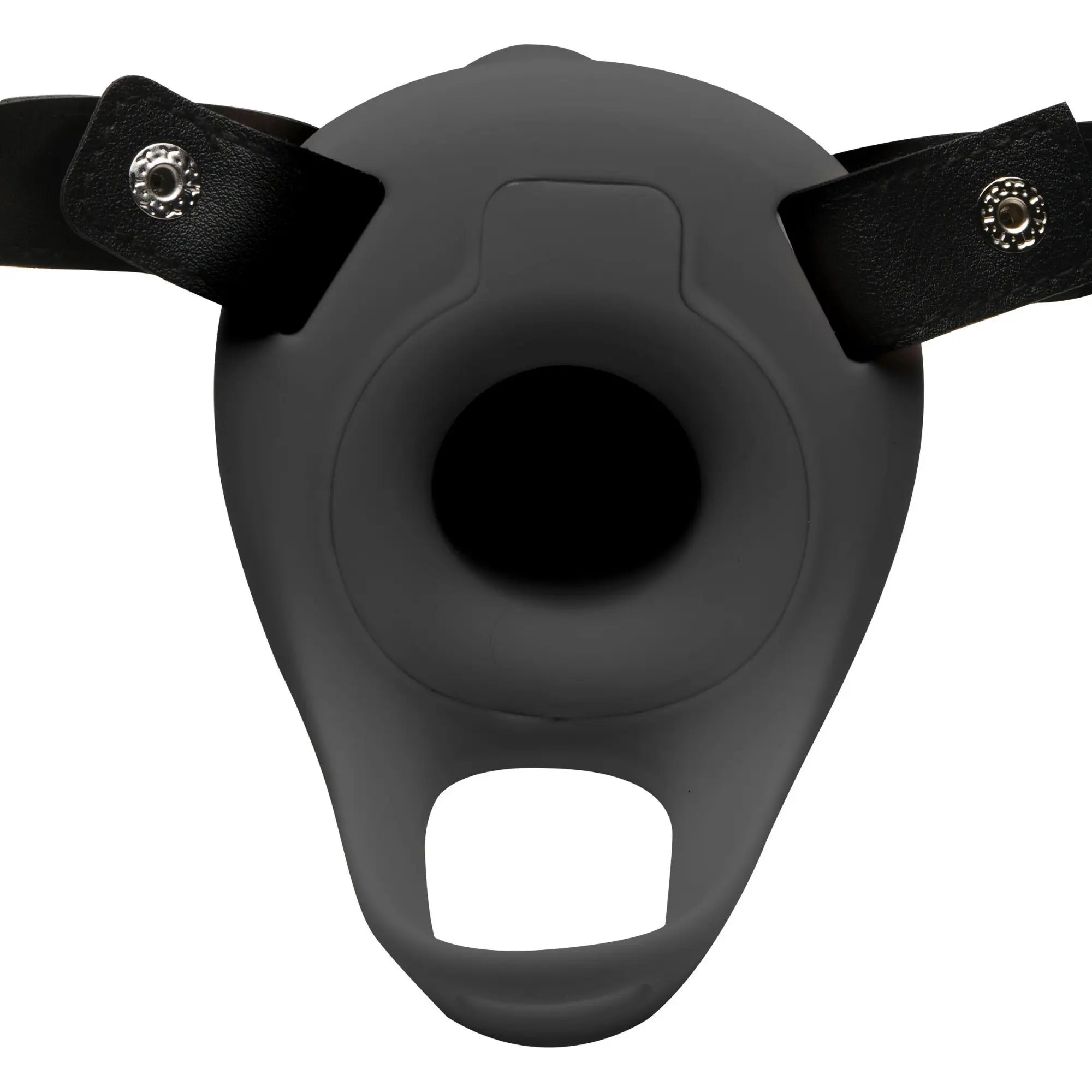 Size Matters grey silicone vibrating penis sheath with black straps and metal snap closures on a white background.