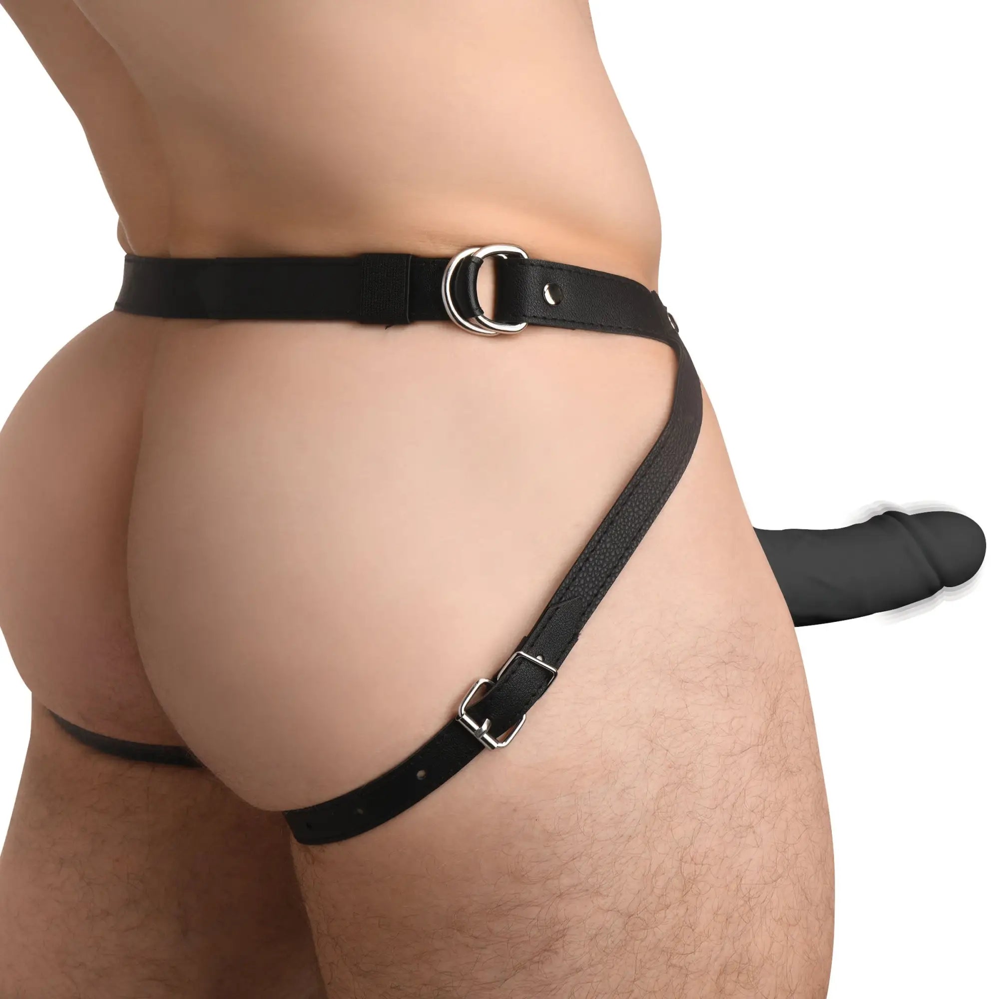 Size Matters black vibrating silicone penis sheath with remote, worn with a black leather-style adjustable harness.
