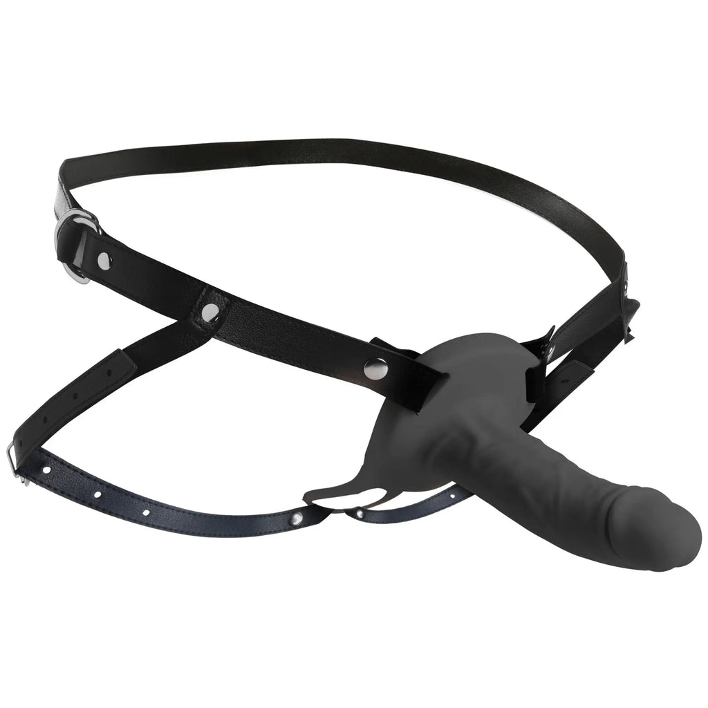 Size Matters realistic black vibrating silicone penis sheath attached to an adjustable black faux leather harness.