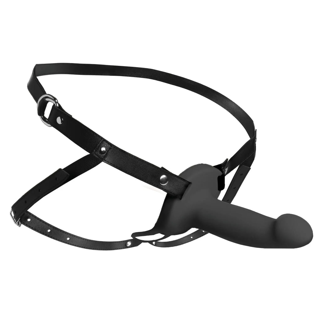 Black Size Matters 2-inch vibrating silicone penis sheath with a matching black leather-style adjustable harness.