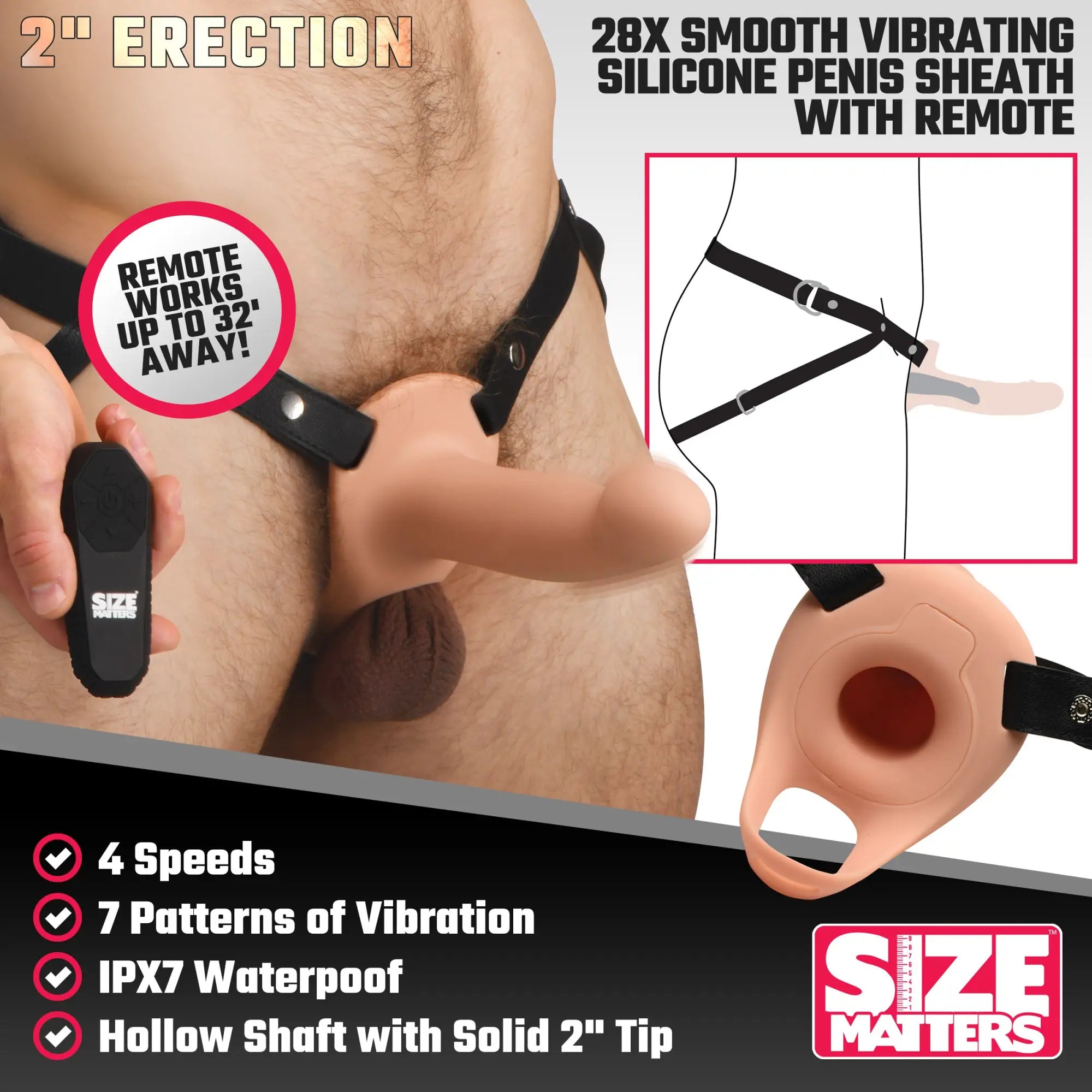 Size Matters 2-inch vibrating silicone penis sheath in peach, featuring a black harness, remote, and product specs.