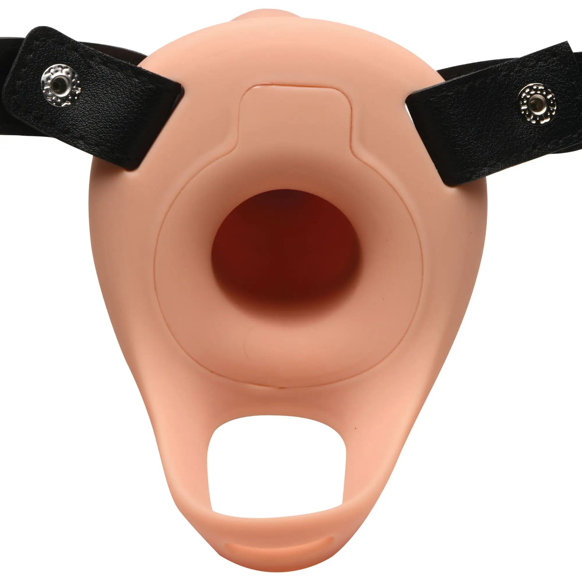 Size Matters vibrating silicone penis sheath in peach, featuring a central opening and adjustable black snap-button straps.