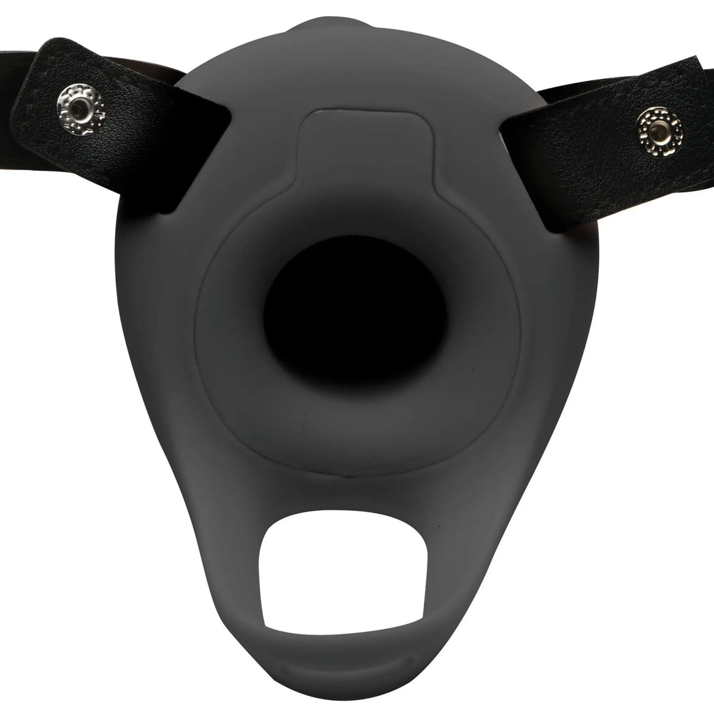 Size Matters 2 Inch Erection Sheath: grey silicone harness base with black adjustable snap-button straps.