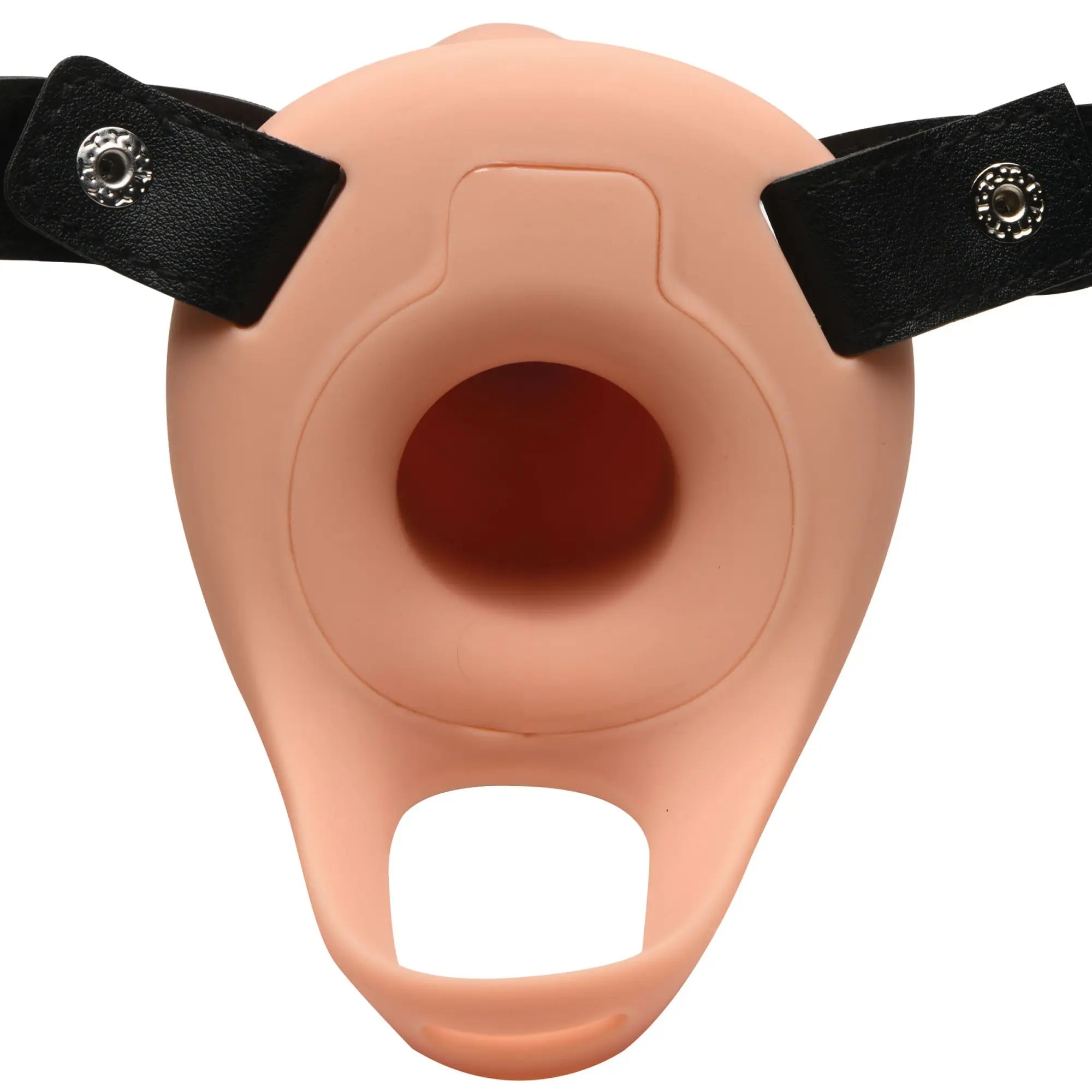 Size Matters 2 Inch smooth silicone penis sheath in peach, featuring a central opening and black adjustable snap straps.