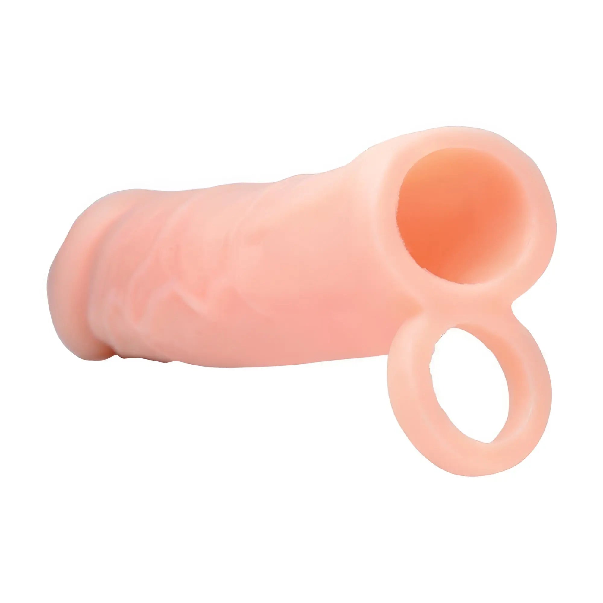 Size Matters 2-inch silicone penis extension in flesh tone with a realistic texture and integrated base ring.