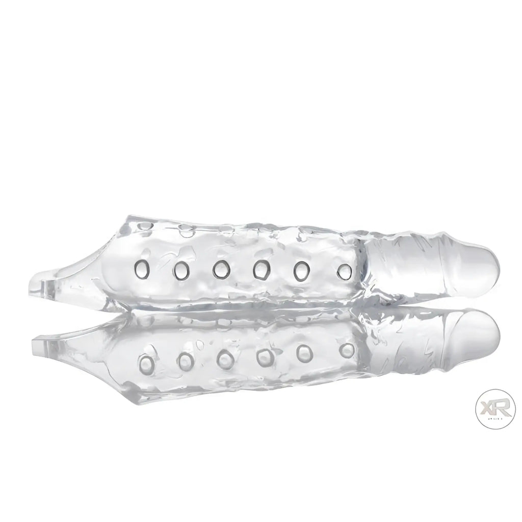 Size Matters 3-Inch Clear Extender Sleeve with a textured, phallic-shaped design and side ring details.