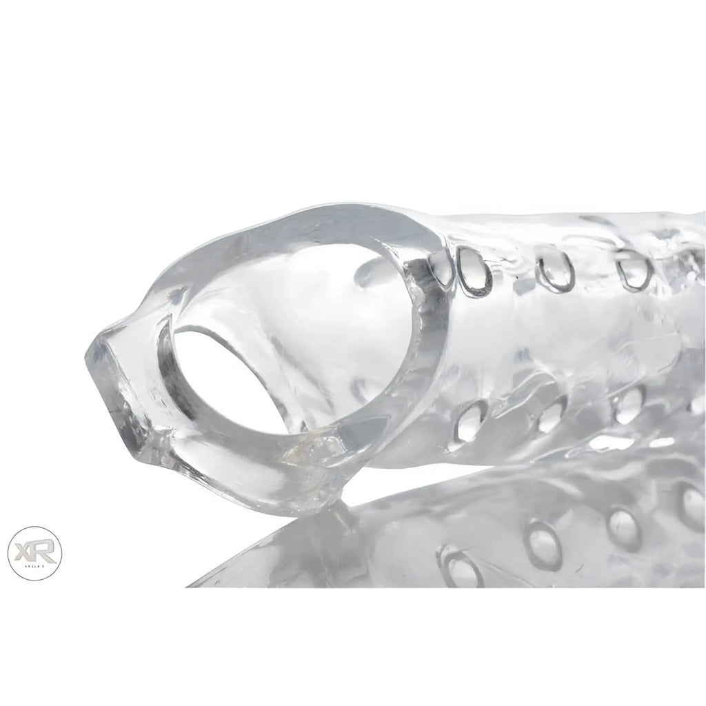 Size Matters 3 Inch Clear Extender Sleeve: A transparent, textured, hollow penile enhancement sleeve.