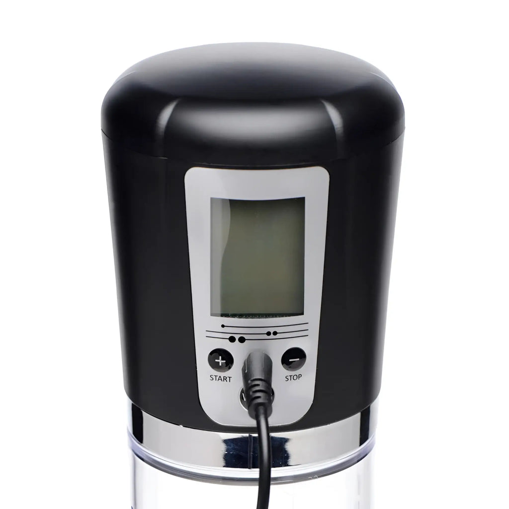 Size Matters 4 Level Power Suction Pump in black with a digital display, buttons, and attached charging cable.