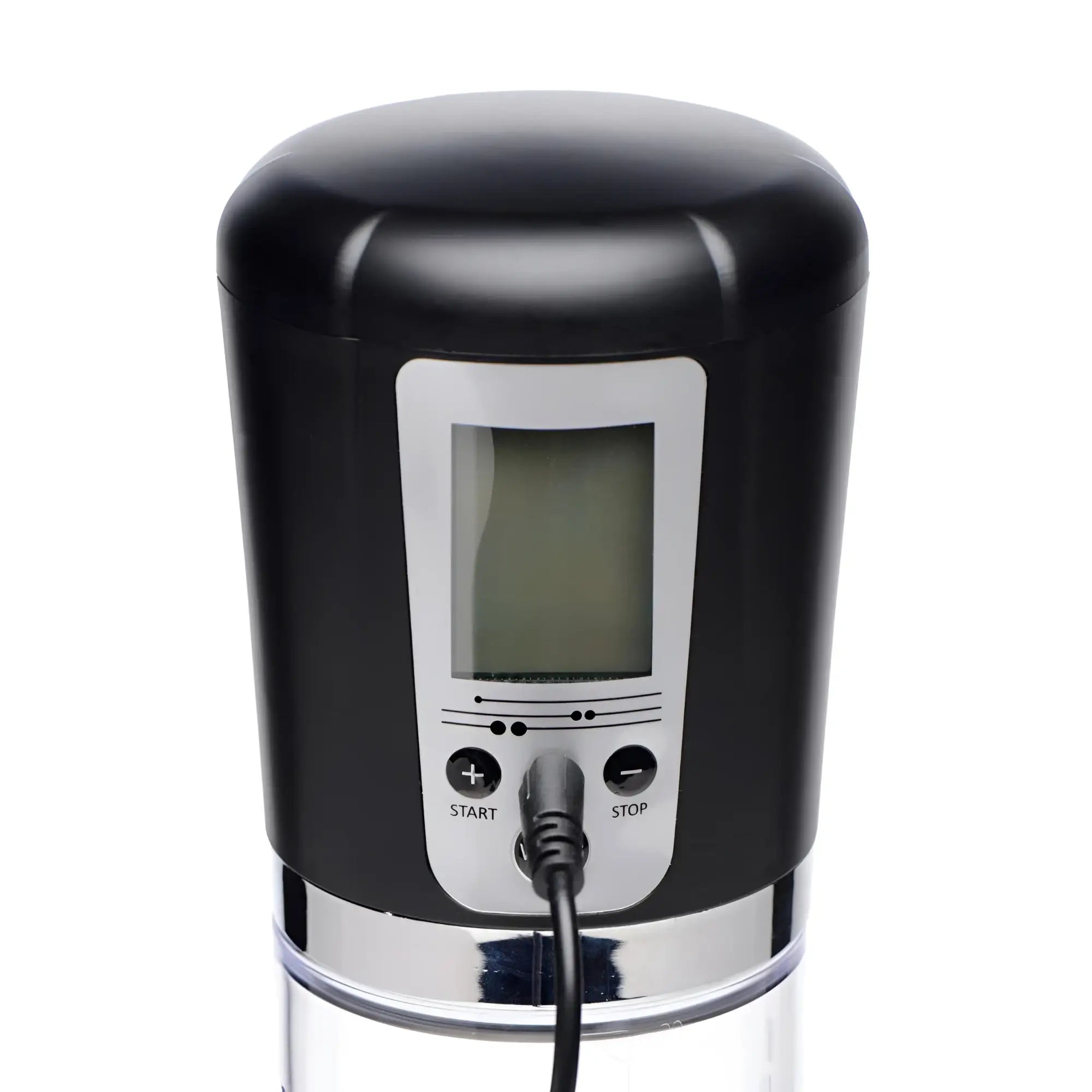 Size Matters 4 Level Power Suction Pump in black with a digital display, buttons, and attached charging cable.