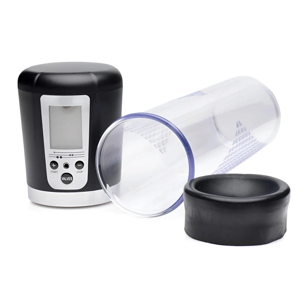 Size Matters 4 Level Power Suction Penis Pump with black digital base, clear cylinder, and black silicone sleeve.