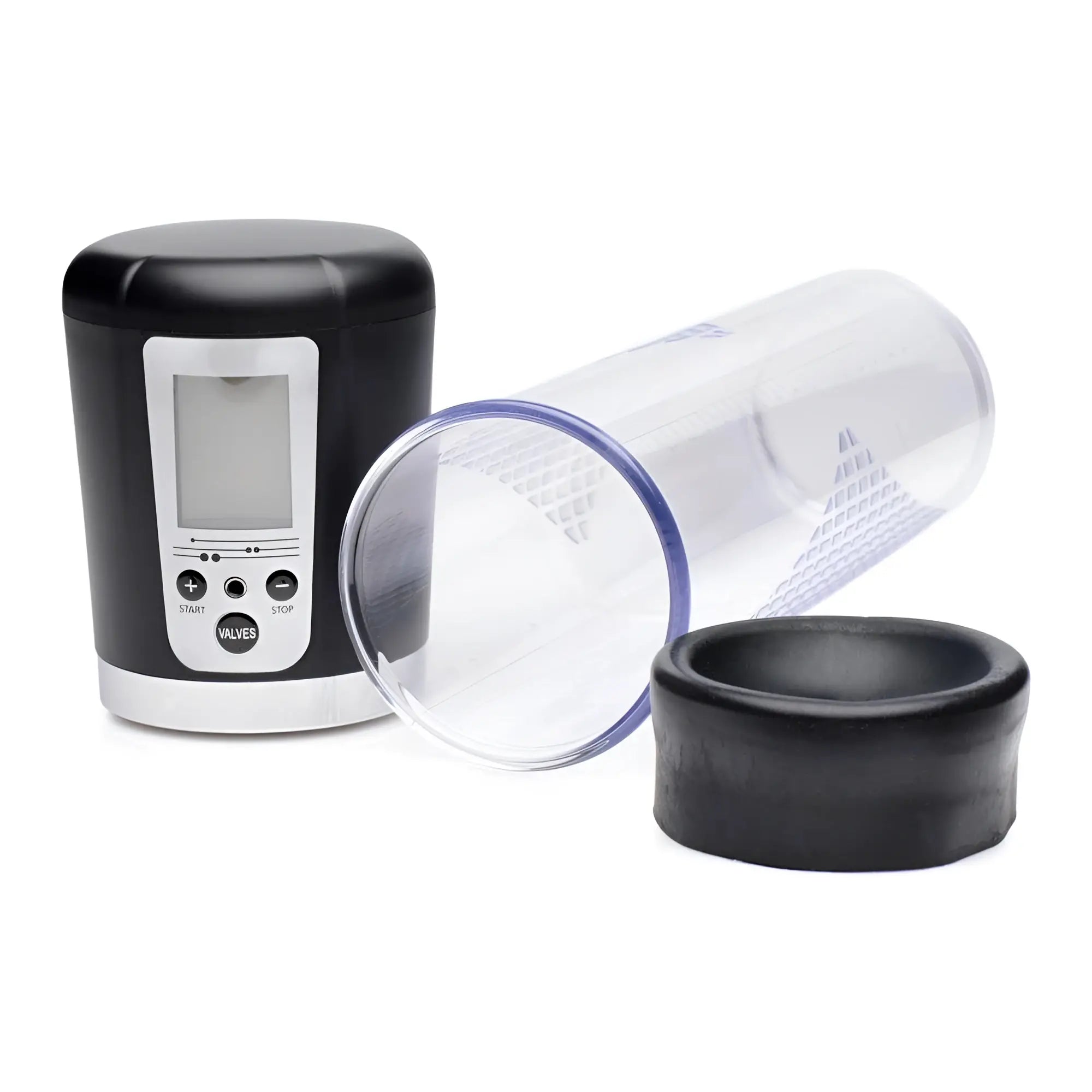 Size Matters 4 Level Power Suction Penis Pump with black digital base, clear cylinder, and black silicone sleeve.