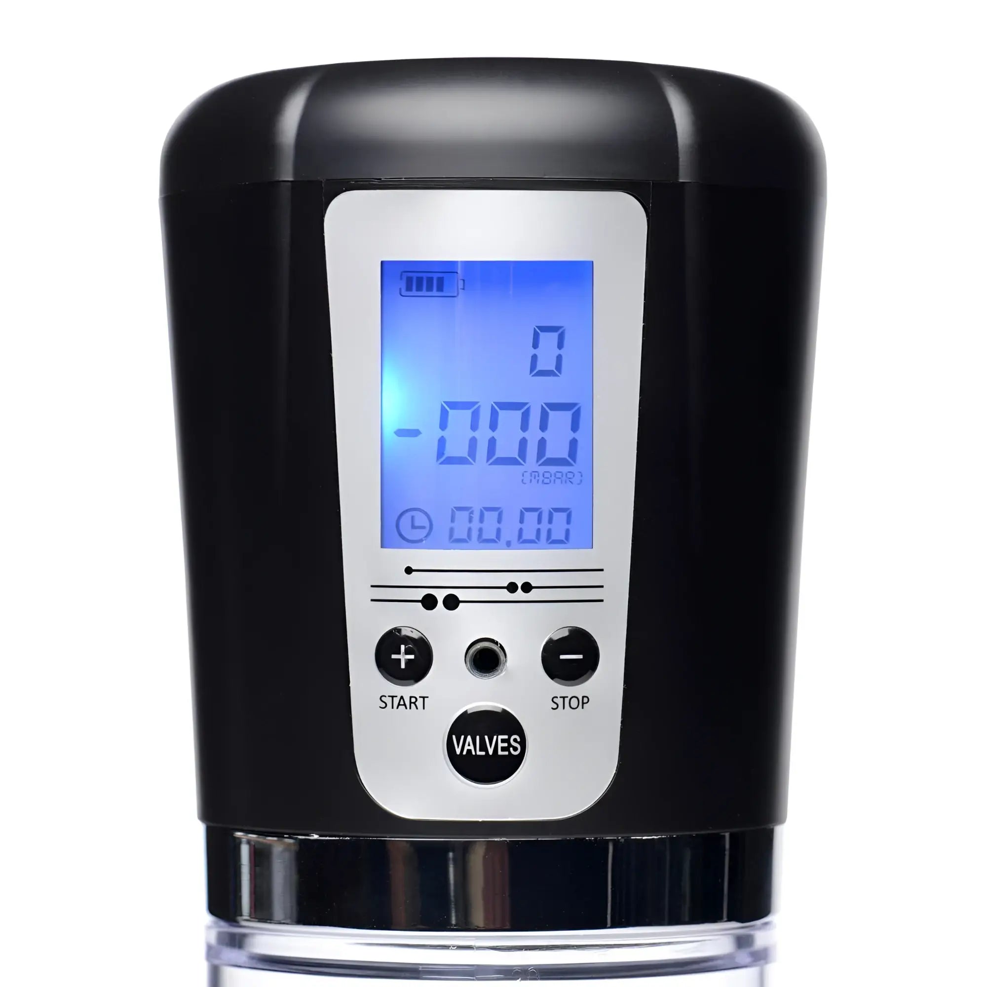 Black Size Matters 4 Level Power Suction Penis Pump featuring a silver control panel with a backlit blue LCD display.