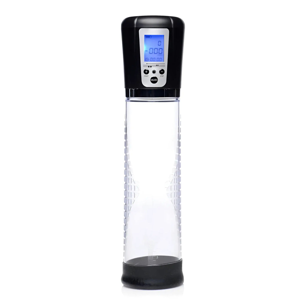 Size Matters 4-Level Power Suction Pump: Clear cylinder with black base and digital control head featuring a blue display.